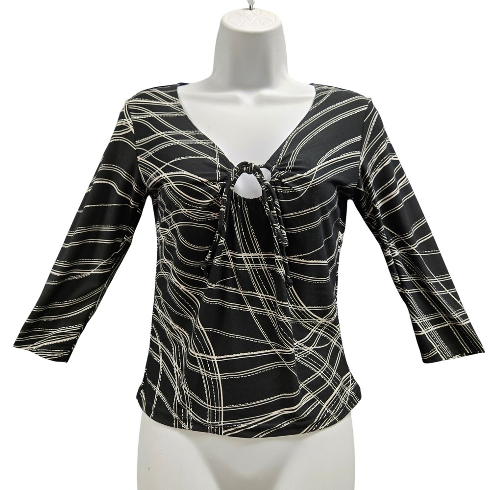 A. Byer Womens M Black White Silver Abstract Y2K Cyber Keyhole 3/4 Sleeve‎ Top